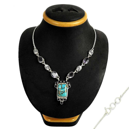 Natural Copper Turquoise Gemstone Cluster Boho Blue Necklace 925 Silver E8