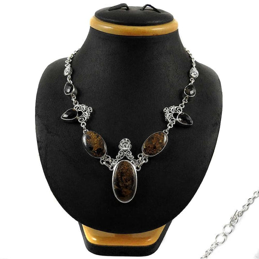 Natural Bronzite Gemstone Cluster Bohemian Necklace 925 Silver For Girls F8