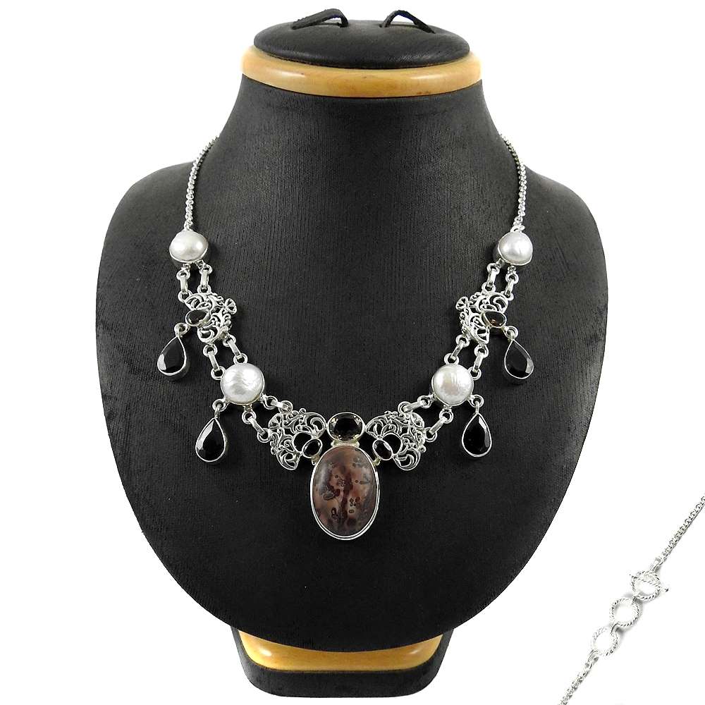 Natural Coffee Bean Jasper Gemstone Cluster Necklace 925 Silver For Girls I8