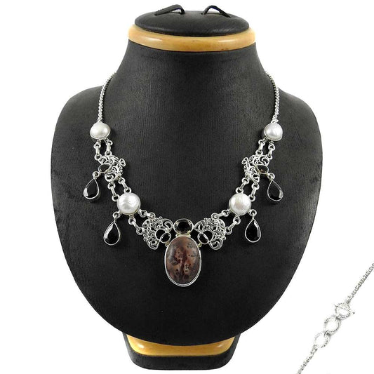 Natural Coffee Bean Jasper Gemstone Cluster Necklace 925 Silver For Girls I8