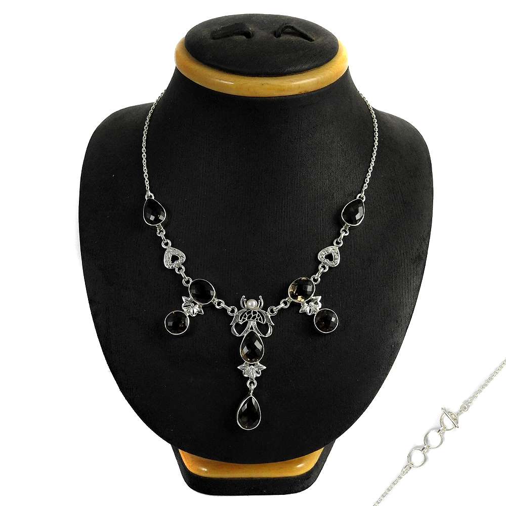 Natural Smoky Quartz Gemstone Cluster Necklace 925 Sterling Silver For Girls J8