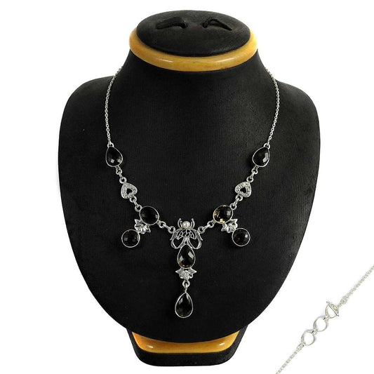 Natural Smoky Quartz Gemstone Cluster Necklace 925 Sterling Silver For Girls J8
