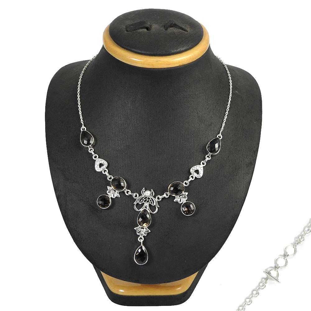 Natural Smoky Quartz Gemstone Cluster Boho Brown Necklace 925 Sterling Silver K8