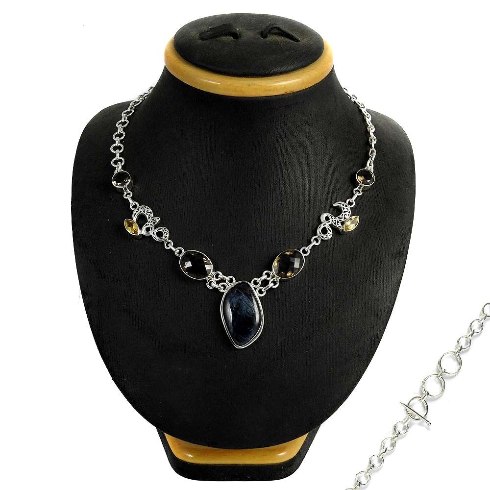 Natural Pietersite Gemstone Cluster Necklace 925 Sterling Silver For Women M8