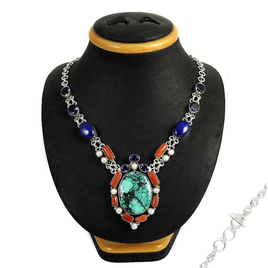 Woman Gift Natural Turquoise Cluster Statement Necklace 925 Silver B4