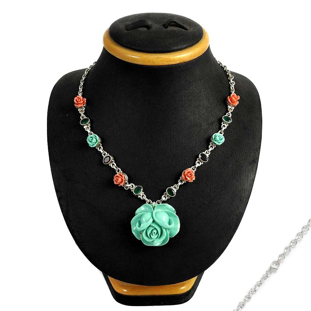 Natural Green Onyx Gemstone Cluster Boho Necklace 925 Sterling Silver H30
