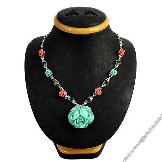Natural Green Onyx Gemstone Cluster Boho Necklace 925 Sterling Silver H30