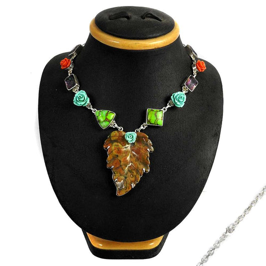 Natural Rainforest Gemstone 925 Silver Cluster Bohemian Necklace For Women C4