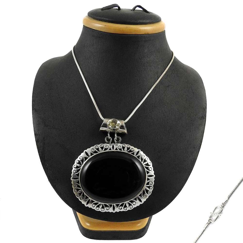 Woman Gift Natural Black Rutile Citrine Cluster Necklace 925 Silver D4