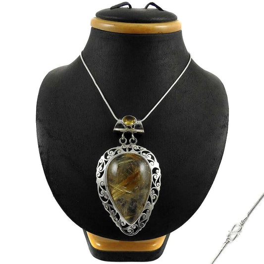 Natural Golden Rutile Cluster Statement Necklace 925 Silver For Women E4