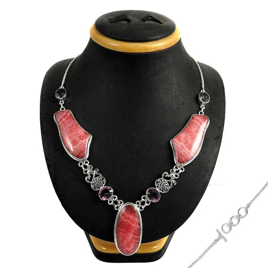 Natural Rhodochrosite Gemstone Cluster Vintage Pink Necklace 925 Silver G4