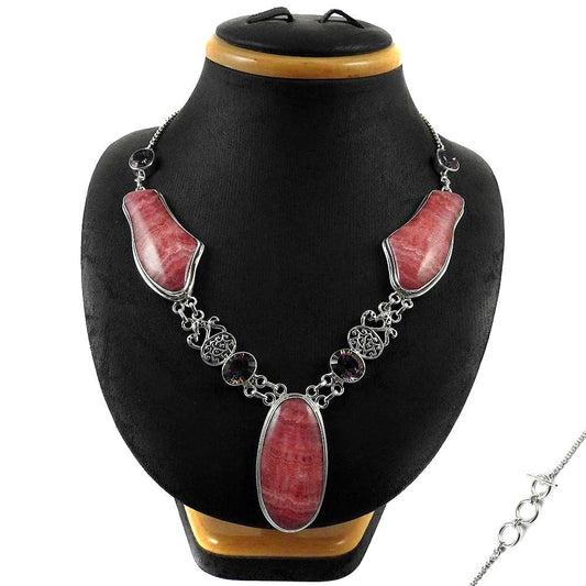 Woman Gift 925 Silver Natural Rhodochrosite Cluster Boho Necklace H4