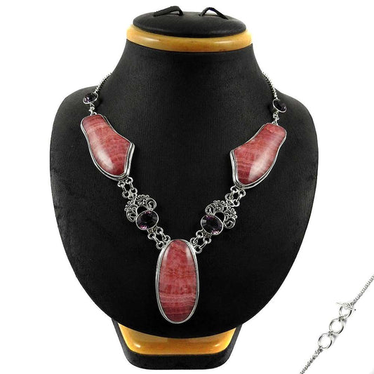 Natural Rhodochrosite Gemstone Cluster Bohemian Necklace 925 Silver For Women I4