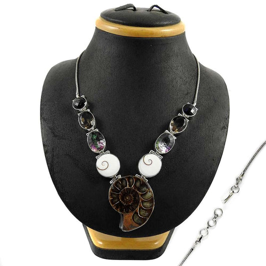 Natural Ammonite Gemstone Cluster Tribal Necklace 925 Silver For Girls K4