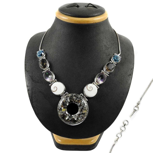 Natural Shell Gemstone Cluster Boho Gray Necklace 925 Sterling Silver Jewelry J9
