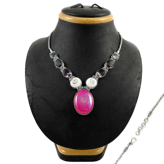 Natural Druzy Gemstone Cluster Necklace 925 Sterling Silver Indian Jewelry L9