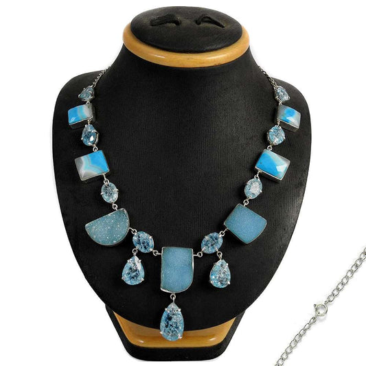 Natural Striped Onyx Gemstone 925 Silver Cluster Bohemian Necklace For Girls Q1