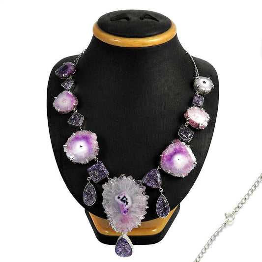 Woman Gift Natural Druzy Gemstone Cluster Necklace 925 Sterling Silver F4