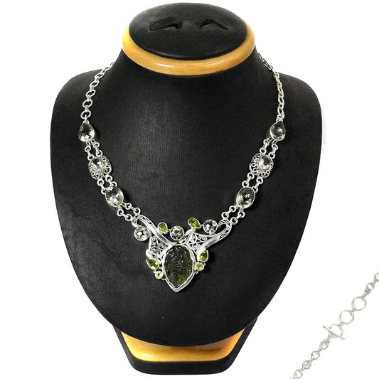 Natural Moldavite Glass Gemstone Cluster Necklace 925 Sterling Silver J4