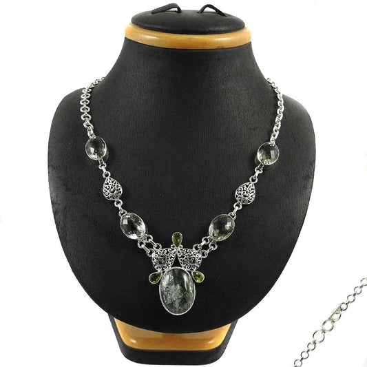 Woman Gift Natural Seraphinite Cluster Boho Necklace 925 Silver Y9