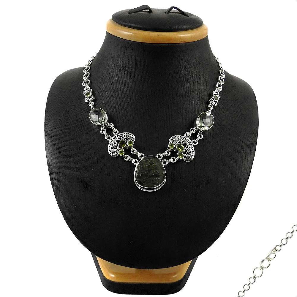 Natural Moldavite Glass Gemstone Cluster Boho Necklace 925 Sterling Silver L4
