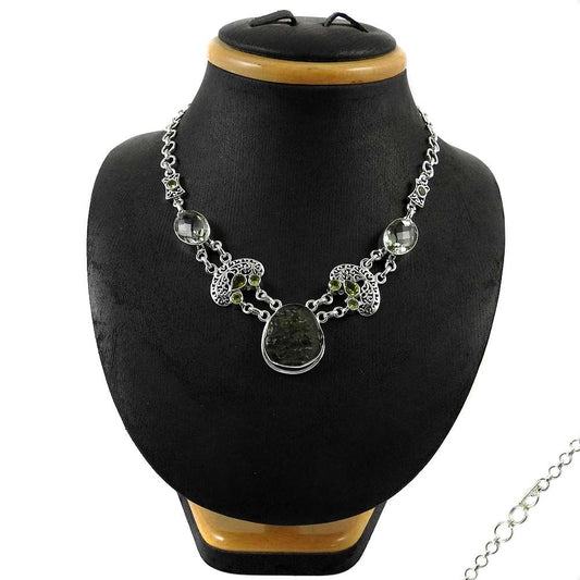 Natural Moldavite Glass Gemstone Cluster Boho Necklace 925 Sterling Silver L4