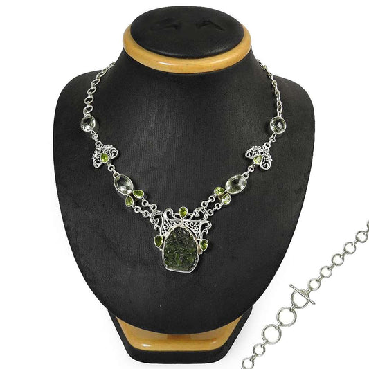 Woman Gift Natural Moldavite Glass Cluster Necklace 925 Sterling Silver M4