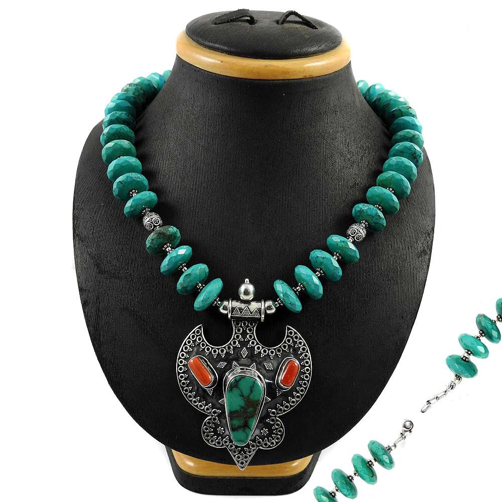 Natural Turquoise Gemstone 925 Sterling Silver Cluster Artisan Necklace P4
