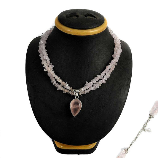 Natural Rose Quartz Gemstone Cluster Beaded Pink Necklace 925 Silver G10