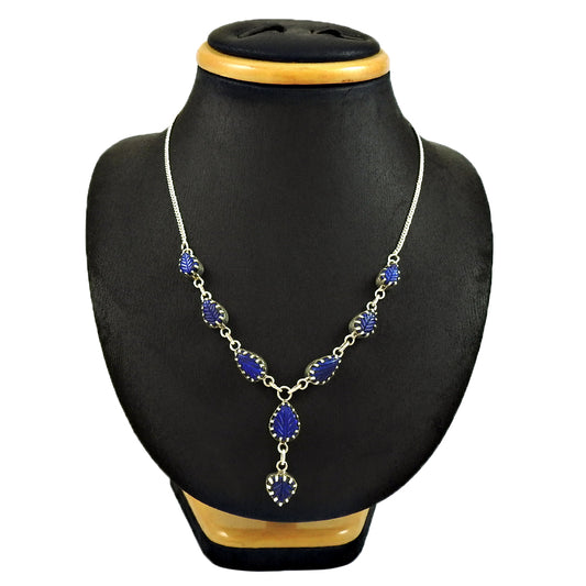Christmas Gift Natural Lapis Lazuli Cluster Leaf Necklace 925 Silver D4