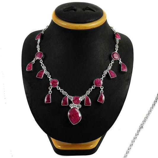 Woman Gift 925 Sterling Silver Natural Ruby Gemstone Cluster Necklace R4