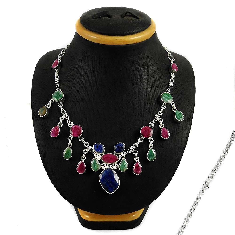 Woman Gift Cluster Necklace 925 Sterling Silver Natural Ruby Gemstone S4