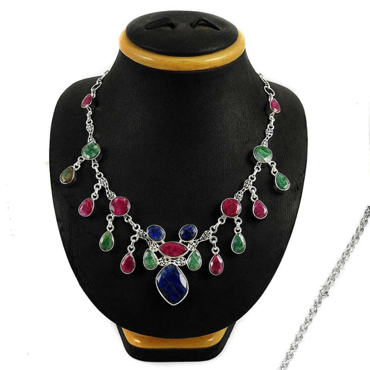 Woman Gift Cluster Necklace 925 Sterling Silver Natural Ruby Gemstone S4