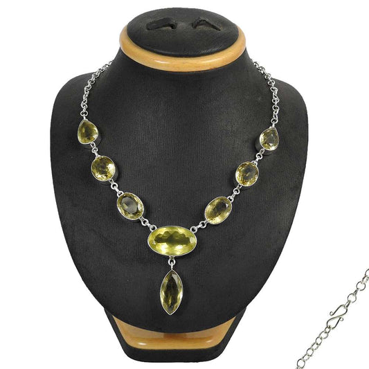 Natural Lemon Quartz Gemstone Cluster Ethnic Yellow Necklace 925 Silver A6