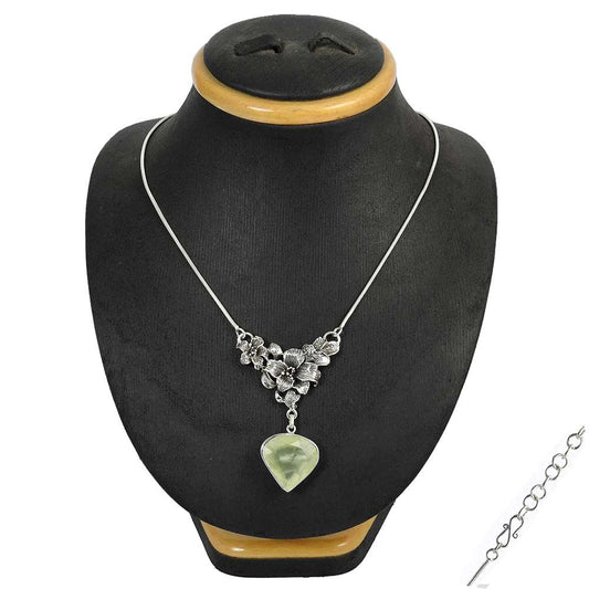 Natural Prehnite Gemstone Cluster Boho Necklace 925 Sterling Silver Jewelry G23