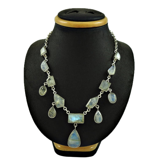 Christmas Gift Necklace 925 Sterling Silver Natural Rainbow Moonstone X4