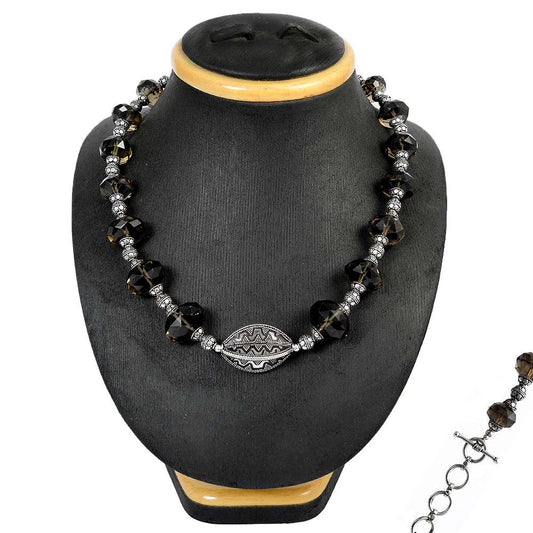 Woman Gift Natural Smoky Quartz Beaded Artisan Necklace 925 Silver F5