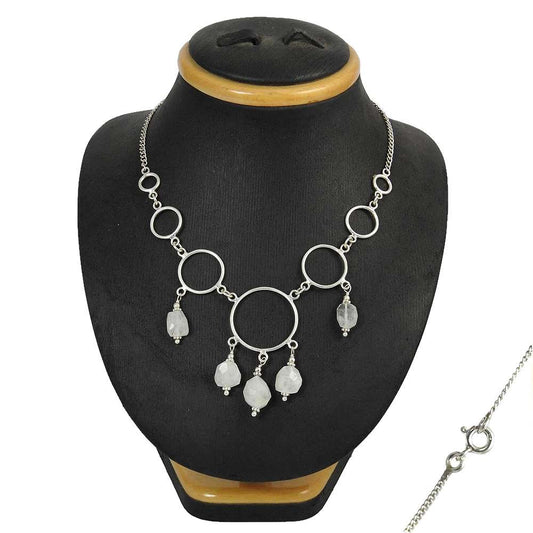 Natural Rainbow Moonstone Gemstone Cluster Vintage White Necklace 925 Silver O1