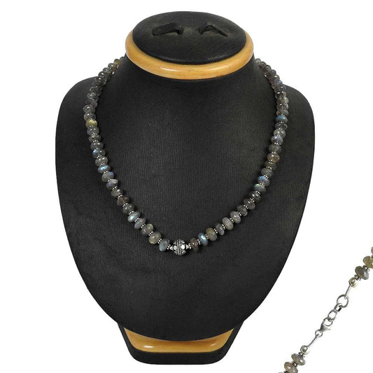 Natural Labradorite Gemstone Beaded Blue Necklace 925 Sterling Silver Jewelry Q1