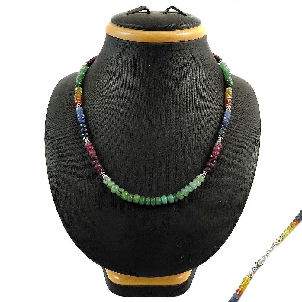 Woman Gift 925 Sterling Silver Natural Emerald Gemstone Beaded Necklace E7