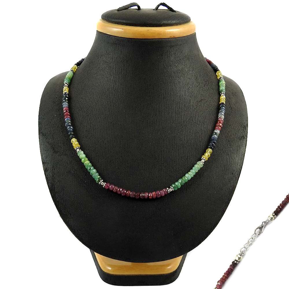 Woman Gift 925 Sterling Silver Natural Emerald Gemstone Beaded Necklace G7