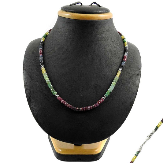 Natural Emerald Gemstone 925 Sterling Silver Beaded Necklace For Women H7