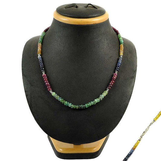 Natural Emerald Gemstone 925 Sterling Silver Beaded Necklace For Women X13