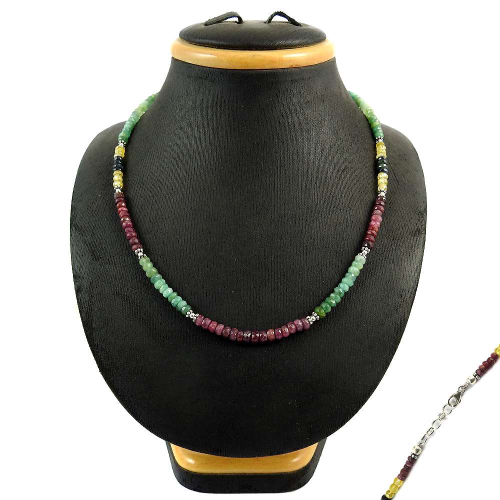 Woman Gift 925 Sterling Silver Natural Emerald Gemstone Beaded Necklace I7