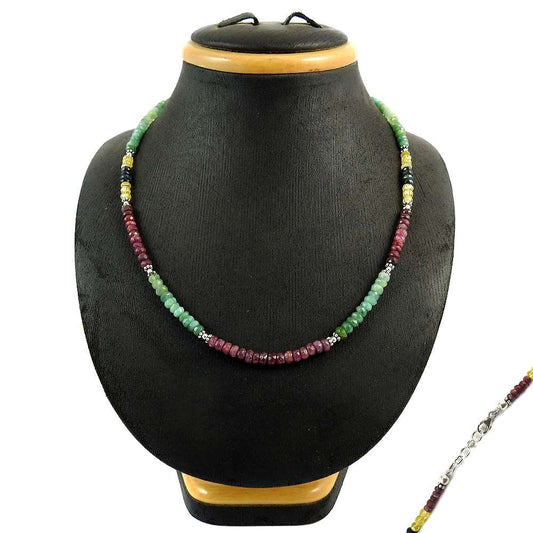 Woman Gift 925 Sterling Silver Natural Emerald Gemstone Beaded Necklace I7