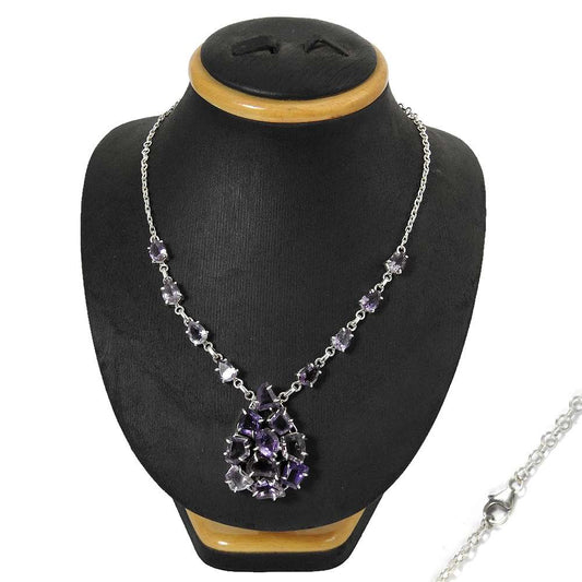 Natural Amethyst Gemstone Cluster Boho Necklace 925 Silver For Women I14
