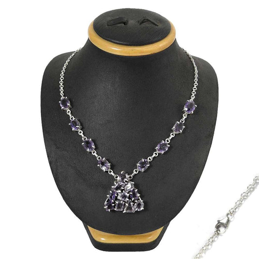 Woman Gift Natural Amethyst Gemstone Cluster Necklace 925 Silver J14