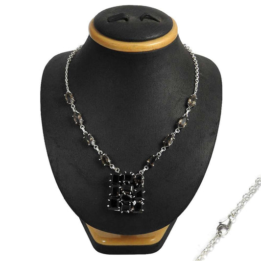 Natural Smoky Quartz Gemstone Cluster Necklace 925 Sterling Silver For Women K14