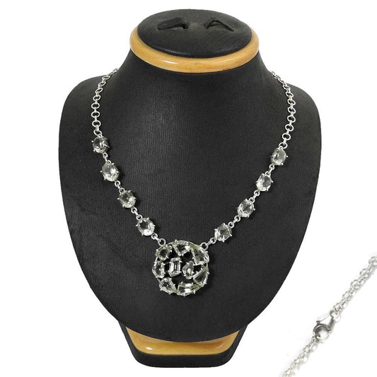 Natural Green Amethyst Gemstone Cluster Boho Necklace 925 Silver For Girls M14
