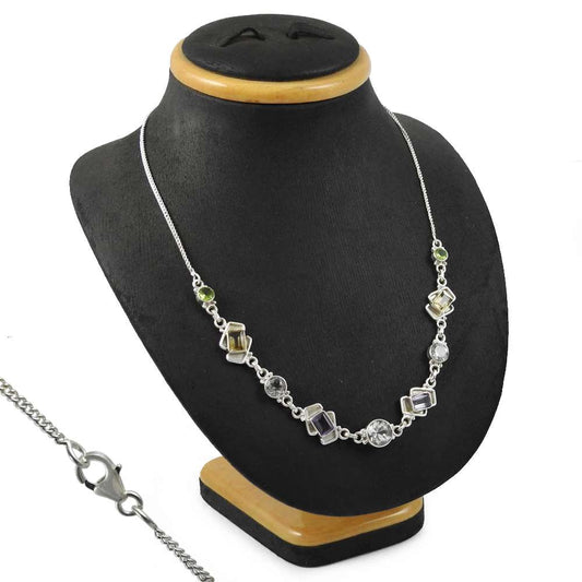 Natural Crystal Gemstone Cluster Tribal Necklace 925 Silver For Women X16